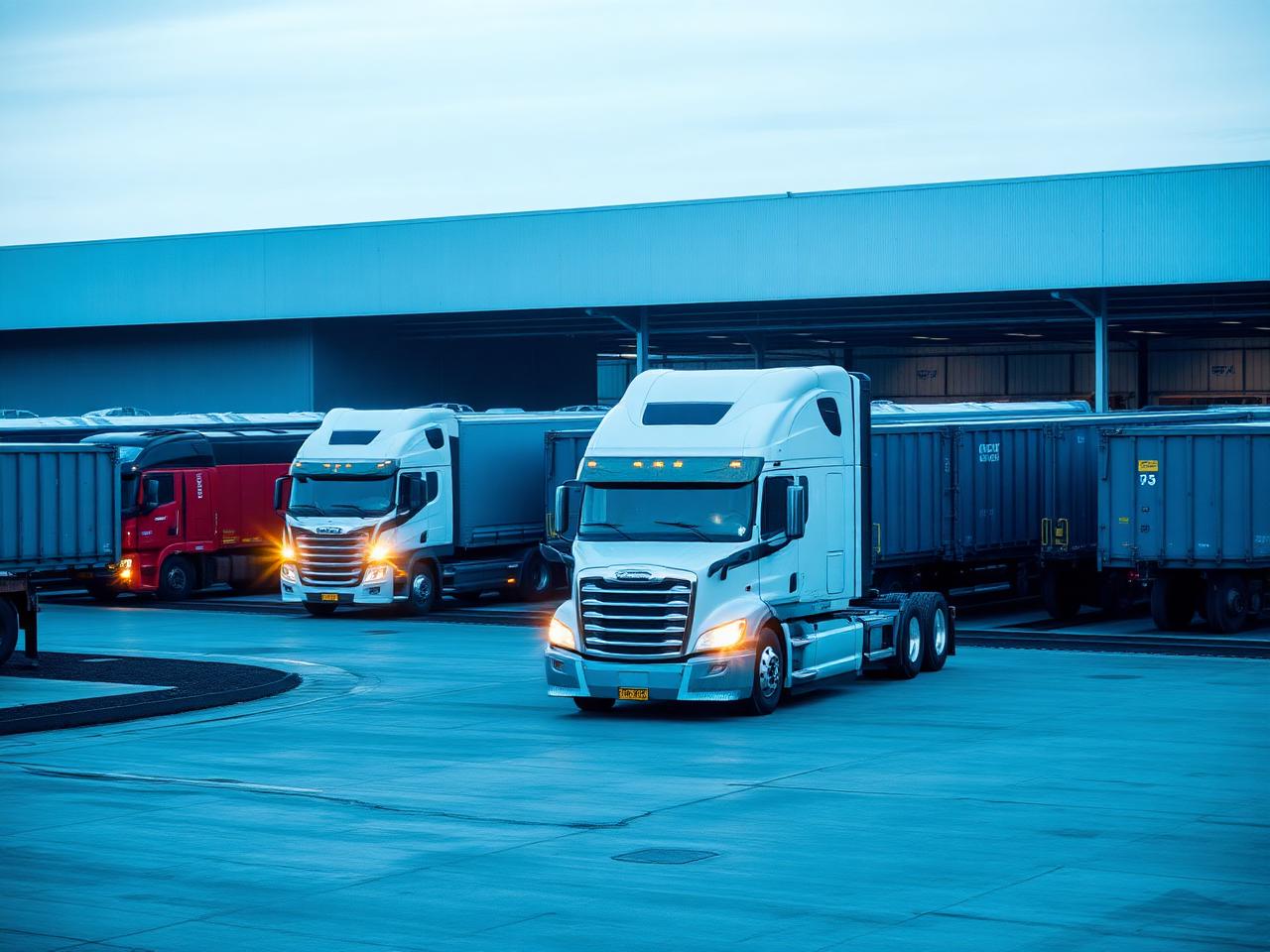 Freight trucks and rail cars at a logistics terminal